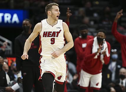 Dec 31, 2021; Houston, Texas, USA; Miami Heat guard Nik Stauskas (9) reacts during the second quarter against the Houston Rockets at Toyota Center. Mandatory Credit: Troy Taormina-USA TODAY Sports