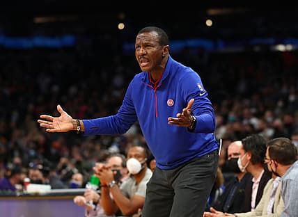 Dec 2, 2021; Phoenix, Arizona, USA; Detroit Pistons head coach Dwane Casey reacts against the Phoenix Suns at Footprint Center. Mandatory Credit: Mark J. Rebilas-USA TODAY Sports