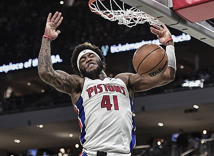 Jan 3, 2022; Milwaukee, Wisconsin, USA; Detroit Pistons forward Saddiq Bey (41) dunks a basket in the third quarter during the game against the Milwaukee Bucks at Fiserv Forum. Mandatory Credit: Benny Sieu-USA TODAY Sports