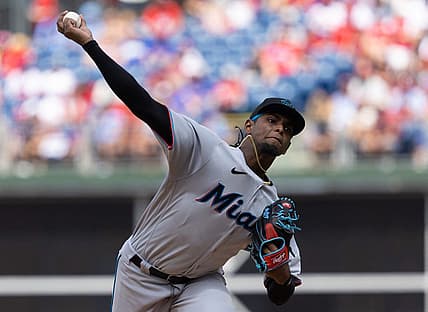 Aug 11, 2022; Philadelphia, Pennsylvania, USA; Miami Marlins starting pitcher Edward Cabrera (27) throws a pitch during the second inning against the Philadelphia Phillies at Citizens Bank Park. Mandatory Credit: Bill Streicher-USA TODAY Sports