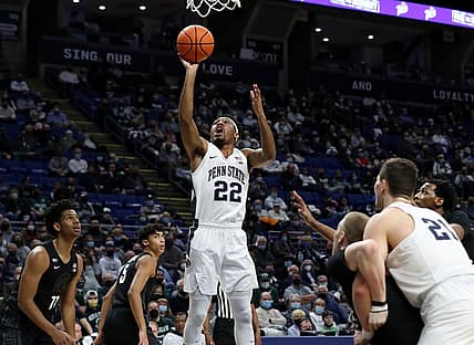 Feb 15, 2022; University Park, Pennsylvania, USA; Penn State Nittany Lions guard Jalen Pickett (22) shoots the ball during the first half against the Michigan State Spartans at Bryce Jordan Center. Penn State defeated Michigan State 62-58. Mandatory Credit: Matthew OHaren-USA TODAY Sports