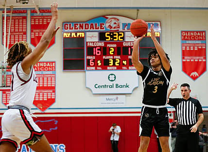 Elliot Cadeau of Link Academy, shoots a field goal during a game against the Legacy (Texas) Broncos in the Ozark Mountain Shootout at Glendale High School on Thursday, Dec. 8, 2022.

Tlink Academy00476