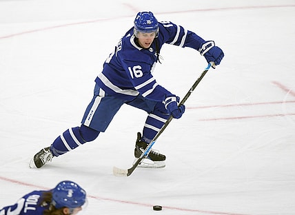 Jan 20, 2021; Toronto, Ontario, CAN; Toronto Maple Leafs forward Mitchell Marner (16) passes the puck during warmup before playing Edmonton Oilers at Scotiabank Arena. Mandatory Credit: Dan Hamilton-USA TODAY Sports