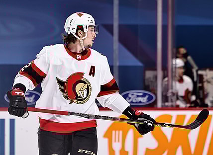 Feb 04, 2021; Montreal, Quebec, CAN; Ottawa Senators defenseman Thomas Chabot (72) during a first period face-off against Montreal Canadiens at Bell Centre. Mandatory Credit: Jean-Yves Ahern-USA TODAY Sports