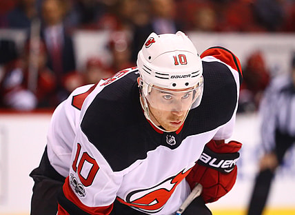 Dec 2, 2017; Glendale, AZ, USA; New Jersey Devils right wing Jimmy Hayes (10) against the Arizona Coyotes at Gila River Arena. Mandatory Credit: Mark J. Rebilas-USA TODAY Sports