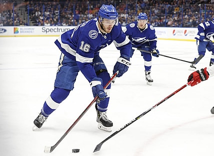Nov 9, 2021; Tampa, Florida, USA; Tampa Bay Lightning right wing Taylor Raddysh (16) skates with the puck against the Carolina Hurricanes during the first period at Amalie Arena. Mandatory Credit: Kim Klement-USA TODAY Sports