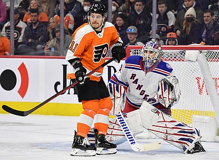 Jan 15, 2022; Philadelphia, Pennsylvania, USA; Philadelphia Flyers right wing Travis Konecny (11) in front of goaltender Igor Shesterkin (31) during the second period at Wells Fargo Center. Mandatory Credit: Eric Hartline-USA TODAY Sports