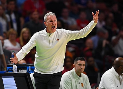 Mar 18, 2022; Greenville, SC, USA; Southern California Trojans head coach Andy Enfield reacts against the Miami Hurricanes during the first round of the 2022 NCAA Tournament at Bon Secours Wellness Arena. Mandatory Credit: Bob Donnan-USA TODAY Sports