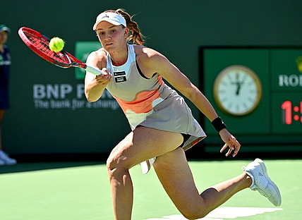 Mar 16, 2023; Indian Wells, CA, USA;  Elena Rybakina (KAZ) hits a shot in her quarterfinal match as she defeated Karolina Muchova (CZE) in the BNP Paribas Open at the Indian Wells Tennis Garden. Mandatory Credit: Jayne Kamin-Oncea-USA TODAY Sports