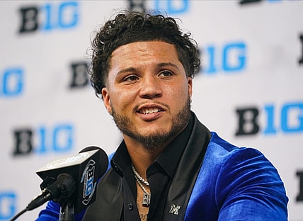Jul 27, 2023; Indianapolis, IN, USA;  Michigan Wolverines running back Blake Corum speaks to the media during the Big 10 football media day at Lucas Oil Stadium. Mandatory Credit: Robert Goddin-USA TODAY Sports
