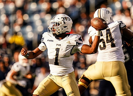 Sep 16, 2023; East Hartford, Connecticut, USA; FIU Golden Panthers quarterback Keyone Jenkins (1) throws a pass against the UConn Huskies at Rentschler Field at Pratt & Whitney Stadium. Mandatory Credit: David Butler II-USA TODAY Sports