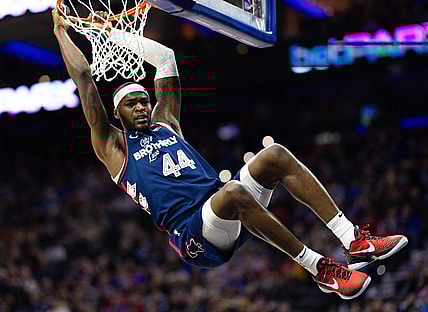 Jan 6, 2024; Philadelphia, Pennsylvania, USA; Philadelphia 76ers forward Paul Reed (44) dunks the ball against the Utah Jazz during the second quarter at Wells Fargo Center. Mandatory Credit: Bill Streicher-USA TODAY Sports