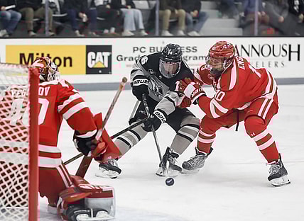 Providence Friars forward Trevor Connelly scores against Boston University Terriers goaltender Mikhail Yegorov on 2/14/2025 (Photo/Screenshot- Providence Friars Hockey via Instagram)