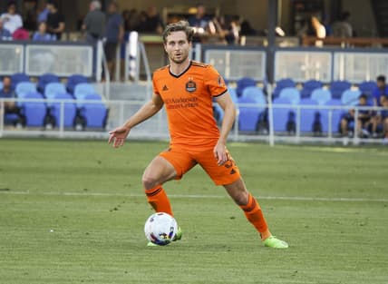 Jul 17, 2022; San Jose, California, USA; Houston Dynamo defender Adam Lundqvist (3) controls the ball against the San Jose Earthquakes during the first half at PayPal Park. Mandatory Credit: Kelley L Cox-USA TODAY Sports