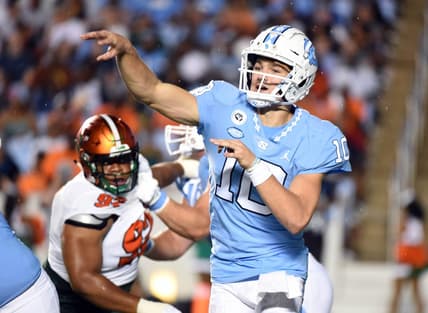 Aug 27, 2022; Chapel Hill, North Carolina, USA; North Carolina Tar Heels quarterback Drake Maye (10) throws a pass during the first half against the Florida A&M Rattlers at Kenan Memorial Stadium. Mandatory Credit: Rob Kinnan-USA TODAY Sports