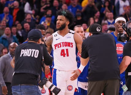 Jan 4, 2023; San Francisco, California, USA; Detroit Pistons small forward Saddiq Bey (41) celebrates after scoring a game winning three point basket against the Golden State Warriors with less than one second on the clock during the fourth quarter at Chase Center. Mandatory Credit: Kelley L Cox-USA TODAY Sports