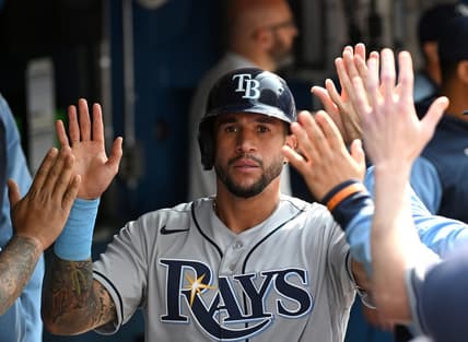 Sep 15, 2022; Toronto, Ontario, CAN; Tampa Bay Rays left fielder David Peralta (6) celebrates in the dugout with team mates after scoring against the Toronto Blue Jays in the second inning at Rogers Centre. Mandatory Credit: Dan Hamilton-USA TODAY Sports