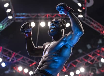 Oct 22, 2022; Abu Dhabi, UAE; Aljamain Sterling (red gloves) celebrates after defeating T.J. Dillashaw (blue gloves) during UFC 280 at Etihad Arena. Mandatory Credit: Craig Kidwell-USA TODAY Sports