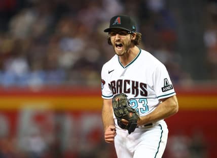 Jun 27, 2023; Phoenix, Arizona, USA; Arizona Diamondbacks pitcher Zac Gallen reacts as he celebrates the final out of the sixth inning against the Tampa Bay Rays at Chase Field. Mandatory Credit: Mark J. Rebilas-USA TODAY Sports