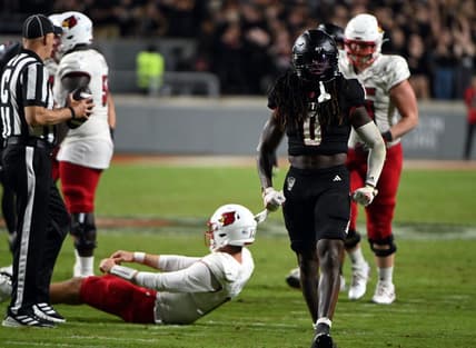 Sep 29, 2023; Raleigh, North Carolina, USA; North Carolina State Wolfpack safety Sean Brown (0) celebrates a sack during the second half against the Louisville Cardinals Mandatory Credit: Rob Kinnan-USA TODAY Sports at Carter-Finley Stadium. The Louisville Cardinals won 13-10.