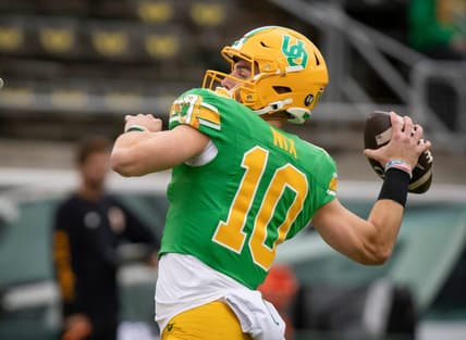 Oregon quarterback Bo Nix throws out a pass during warm ups as the No. 9 Oregon Ducks host Washington State Saturday, Oct. 21, 2023, at Autzen Stadium in Eugene, Ore.