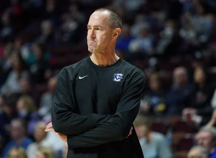 Mar 5, 2023; Uncasville, CT, USA; Creighton Bluejays head coach Jim Flanery watches from the sideline as they take on the Villanova Wildcats at Mohegan Sun Arena. Mandatory Credit: David Butler II-USA TODAY Sports