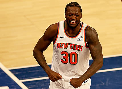 Feb 27, 2021; New York, New York, USA; Julius Randle #30 of the New York Knicks celebrates after drawing the foul late in the fourth quarter against the Indiana Pacers at Madison Square Garden. Mandatory Credit:  POOL PHOTOS-USA TODAY Sports