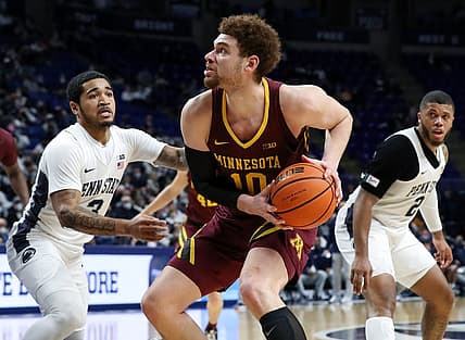 Feb 17, 2022; University Park, Pennsylvania, USA; Minnesota Golden Gophers forward Jamison Battle (10) drives to the basket against Penn State Nittany Lions guard Sam Sessoms (3) during the second half at Bryce Jordan Center. Penn State won 67-46. Mandatory Credit: Matthew OHaren-USA TODAY Sports