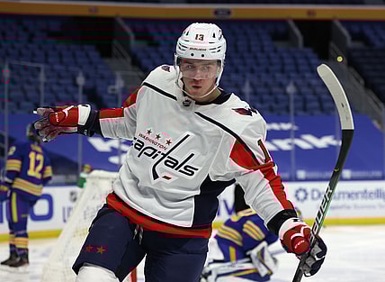 Jan 14, 2021; Buffalo, New York, USA;  Washington Capitals left wing Jakub Vrana (13) celebrates his goal during the third period against the Buffalo Sabres at KeyBank Center. Mandatory Credit: Timothy T. Ludwig-USA TODAY Sports