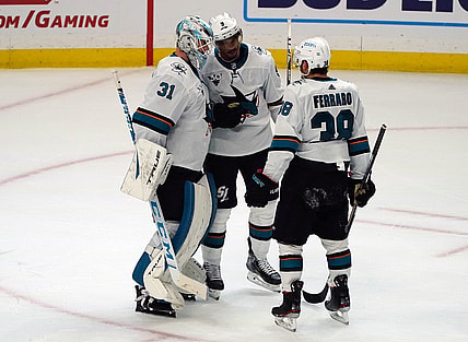 Apr 3, 2021; Los Angeles, California, USA; San Jose Sharks goaltender Martin Jones (31) left wing Evander Kane (9) and defenseman Mario Ferraro (38) celebrate the 3-2 victory against the Los Angeles Kings  at Staples Center. Mandatory Credit: Gary A. Vasquez-USA TODAY Sports