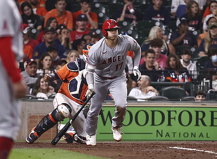 Apr 23, 2021; Houston, Texas, USA; Los Angeles Angels designated hitter Shohei Ohtani (17) hits an RBI double during the fifth inning against the Houston Astros at Minute Maid Park. Mandatory Credit: Troy Taormina-USA TODAY Sports