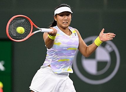 Mar 11, 2022; Indian Wells, CA, USA; Claire Liu (USA) hits a shot against Coco Gauff (not pictured) in her 2nd round match at the BNP Paribas Open at the Indian Wells Tennis Garden. Mandatory Credit: Jayne Kamin-Oncea-USA TODAY Sports
