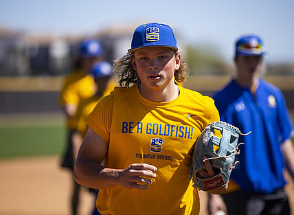 Mar 15, 2022; Peoria, AZ, USA; Stillwater High School shortstop Jackson Holliday during a team practice at the San Diego Padres Spring Training Complex. Mandatory Credit: Mark J. Rebilas-USA TODAY Sports