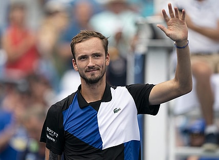 Aug 19, 2022; Cincinnati, OH, USA; Daniil Medvedev (RUS) celebrates winning his match against Taylor Fritz (USA) at the Western & Southern Open at the Lindner Family Tennis Center. Mandatory Credit: Susan Mullane-USA TODAY Sports