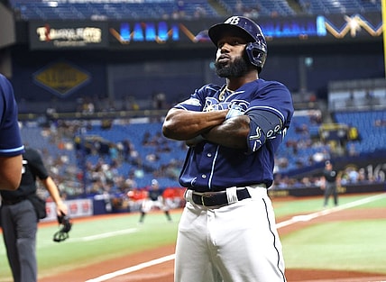 Sep 19, 2023; St. Petersburg, Florida, USA;  Tampa Bay Rays left fielder Randy Arozarena (56) celebrates after hitting a two-run home run against the Los Angeles Angels during the first inning at Tropicana Field. Mandatory Credit: Kim Klement Neitzel-USA TODAY Sports