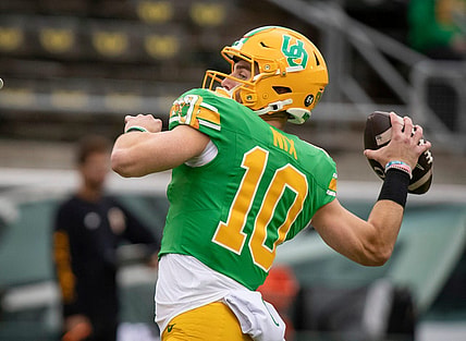 Oregon quarterback Bo Nix throws out a pass during warm ups as the No. 9 Oregon Ducks host Washington State Saturday, Oct. 21, 2023, at Autzen Stadium in Eugene, Ore.