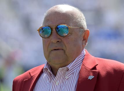 Sep 16, 2017; Provo, UT, USA; Wisconsin Badgers athletic director Barry Alvarez reacts during a NCAA football game against the Brigham Young Cougars at LaVell Edwards Stadium. Mandatory Credit: Kirby Lee-USA TODAY Sports