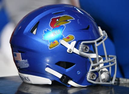 Nov 2, 2019; Lawrence, KS, USA; A general view of a Kansas Jayhawks helmet during the game against the Kansas State Wildcats at David Booth Kansas Memorial Stadium. Mandatory Credit: Denny Medley-USA TODAY Sports