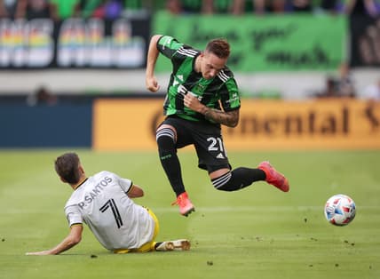 Jun 27, 2021; Austin, TX, Austin, TX, USA; Austin FC   an Kolmani   (21) against Columbus Crew (7) Pedro Santos at Q2 Stadium. Mandatory Credit: Erich Schlegel-USA TODAY Sports