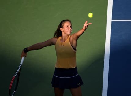 Aug 7, 2019; Toronto, Ontario, Canada;   Daria Kasatkina (Russia) serves against Bianca Andreescu (Canada) during the Rogers Cup tennis tournament at Aviva Centre. Mandatory Credit: Dan Hamilton-USA TODAY Sports