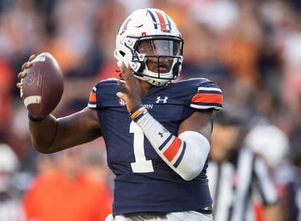 Auburn Tigers quarterback T.J. Finley (1) looks to throw at Jordan-Hare Stadium in Auburn, Ala., on Saturday, Sept. 25, 2021. Auburn Tigers defeated Georgia State Panthers 34-24.