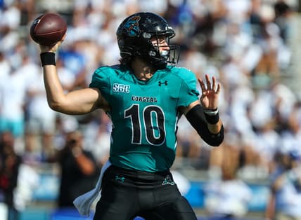 Sep 18, 2021; Buffalo, New York, USA; Coastal Carolina Chanticleers quarterback Grayson McCall (10) throws the ball against the Buffalo Bulls during the second half of play at UB Stadium. Mandatory Credit: Nicholas LoVerde-USA TODAY Sports