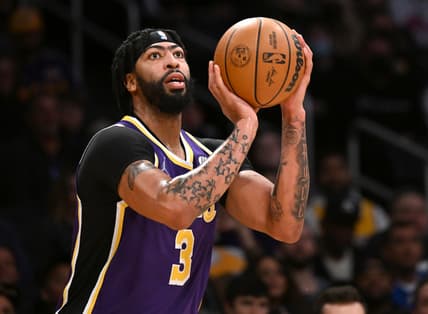 Feb 16, 2022; Los Angeles, California, USA; Los Angeles Lakers forward Anthony Davis (3) lines up a shot in the first half against the Utah Jazz at Crypto.com Arena. Mandatory Credit: Jayne Kamin-Oncea-USA TODAY Sports