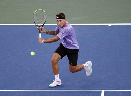 Sep 3, 2021; Flushing, NY, USA; Alex Molcan of Slovakia hits a shot against Diego Schwartzman of Argentina in a third round match on day five of the 2021 U.S. Open tennis tournament at USTA Billie Jean King National Tennis Center. Mandatory Credit: Jerry Lai-USA TODAY Sports