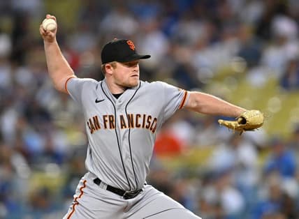 Sep 5, 2022; Los Angeles, California, USA;  San Francisco Giants starting pitcher Logan Webb (62) throws to the plate in the first inning against the Los Angeles Dodgers at Dodger Stadium. Mandatory Credit: Jayne Kamin-Oncea-USA TODAY Sports