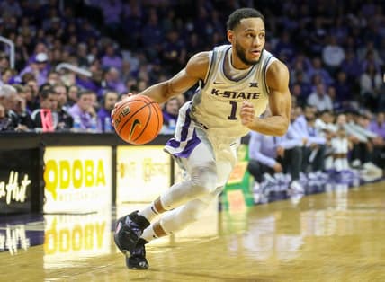 Mar 1, 2023; Manhattan, Kansas, USA; Kansas State Wildcats guard Markquis Nowell (1) dribbles during the first half of a game Oklahoma Sooners at Bramlage Coliseum. Mandatory Credit: Scott Sewell-USA TODAY Sports