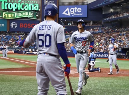 May 28, 2023; St. Petersburg, Florida, USA; Los Angeles Dodgers second baseman Miguel Vargas (17) scores a run during the second inning against the Tampa Bay Rays at Tropicana Field. Mandatory Credit: Kim Klement-USA TODAY Sports