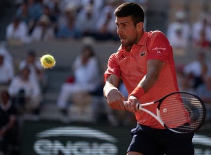 Jun 6 2023; Paris,France; Novak Djokovic (SRB) returns a shot during his match against Karen Khachanov on day 10 at Stade Roland-Garros. Mandatory Credit: Susan Mullane-USA TODAY Sports