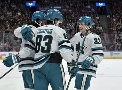 Jan 11, 2024; Montreal, Quebec, CAN; San Jose Sharks defenseman Nikita Okhotiuk (83) celebrates with teammates including defenseman Calen Addison (33) and forward Anthony Duclair (10) after scoring a goal against the Montreal Canadiens during the second period at the Bell Centre. Mandatory Credit: Eric Bolte-USA TODAY Sports