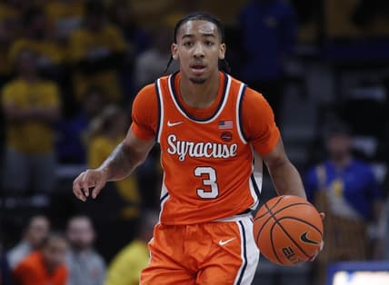 Jan 16, 2024; Pittsburgh, Pennsylvania, USA; Syracuse Orange guard Judah Mintz (3) brings the ball up court against the Pittsburgh Panthers during the first half at the Petersen Events Center. Mandatory Credit: Charles LeClaire-USA TODAY Sports